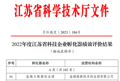 鹽城大數(shù)據(jù)創(chuàng)業(yè)園榮獲省級科技企業(yè)孵化器“優(yōu)秀”等次，江蘇數(shù)字經(jīng)濟(jì)發(fā)展再添新動(dòng)能